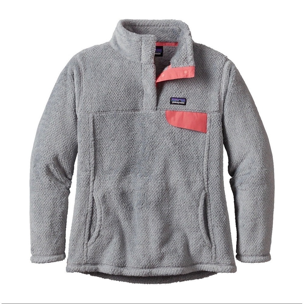 Patagonia Kids Re-Tool Snap-T Fleece Girls XL 14 Gray Pink Pullover Cozy Outdoor